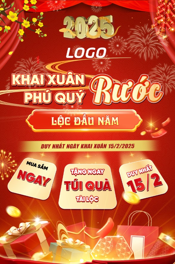 Banner poster khai xuân phú quý, happy new year lucky money tet holiday hoa mai bao lì xì, poster tết thương mại điện tử
